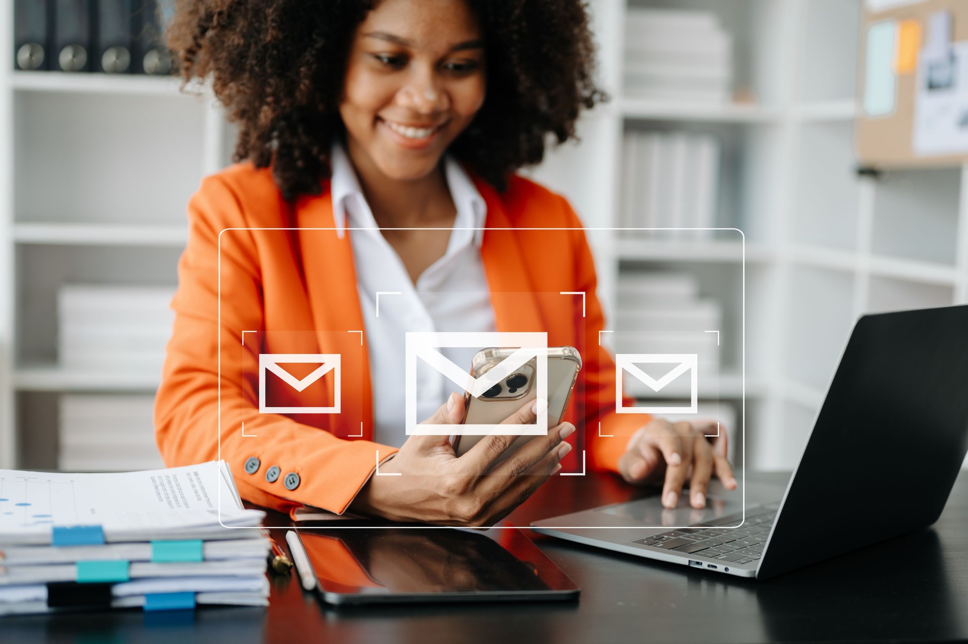 Woman hands using Laptop, tablet typing on keyboard and surfing the internet with email icon, email marketing concept, send e-mail or newsletter, online working internet network technology.